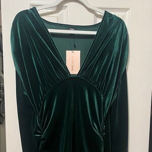 SHEIN Emerald Velvet V-Neck Dress